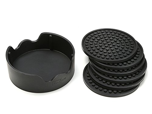 Set of 6 Silicone Drink Coasters with Holder Deep Tray Good Grip Big 4.3" Black 