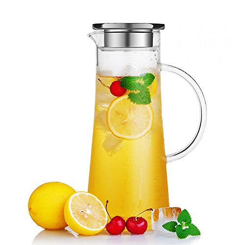 Ice Lemon Tea and Juice Cedilis 50 OZ Glass Pitcher with Stainless Lid and Handle Glass Water Carafe Beverage Bottles Iced Tea Pitcher for Hot Cold Water